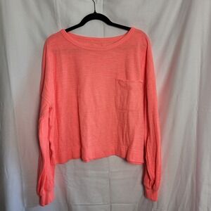 Aerie Womens Medium Neon Coral Slouchy Slub Knit Long Sleeve Pocket Top